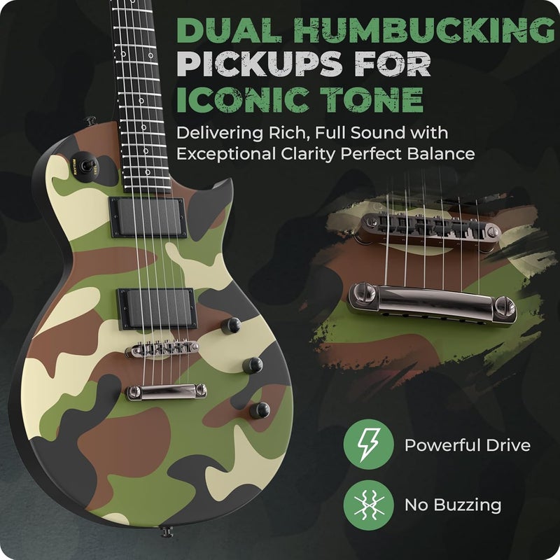 Fesley 39" LP Electric Guitar Kit: Full Size Solid Body Electric Guitars for Beginners with Humbucker Pickups,Poplar Body,Mahogany Neck,22 Frets,6 String Guitar with Gig Bag, FLP400,Matte,Camouflage - Image 4